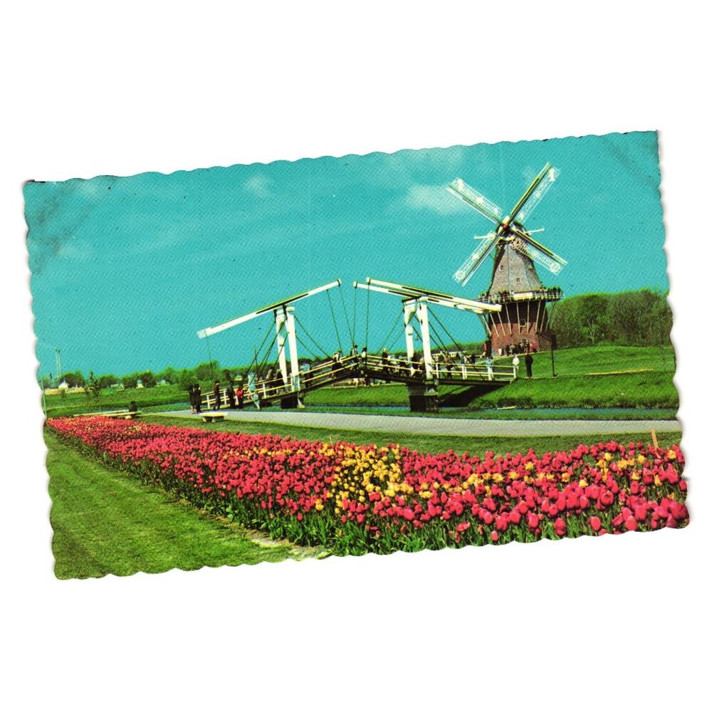 Vintage Postcard Windmill Island Holland Michigan Scenic Tulips Drawbridge